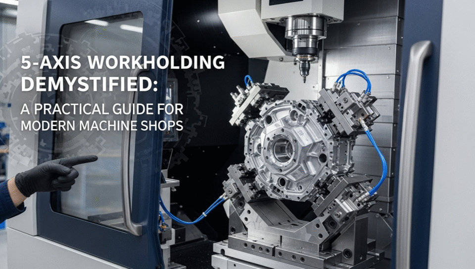 5-Axis Workholding Demystified_ A Practical Guide for Modern Machine Shops 5-axis workholding, workholding solutions, CNC milling, complex parts, 5-axis machining, zero-point systems, dovetail clamping, machine shop, CNC fixture, workholding vise, manufacturing, XproCNC