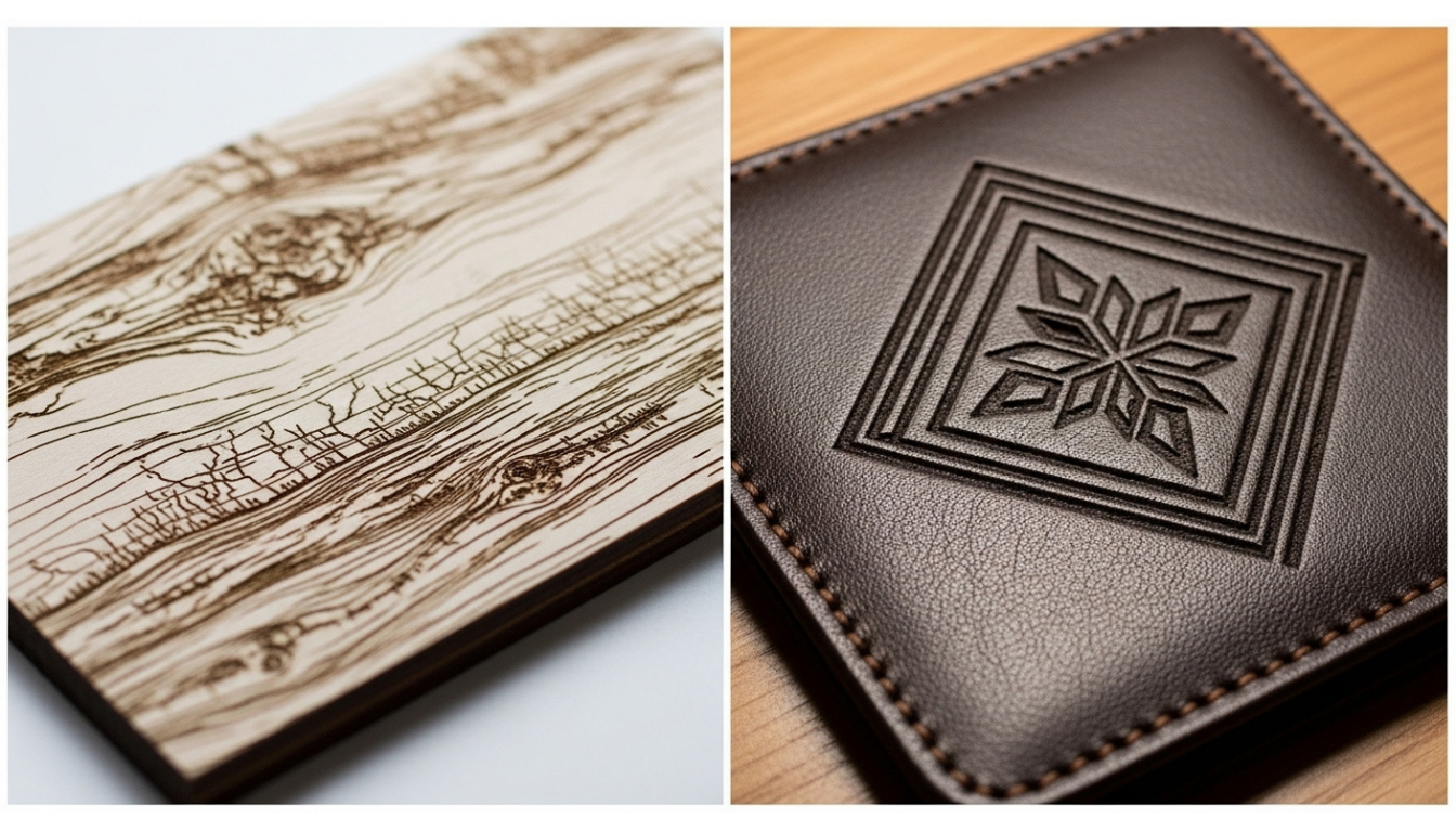 Examples of CO2 laser engraving on wood and leather products